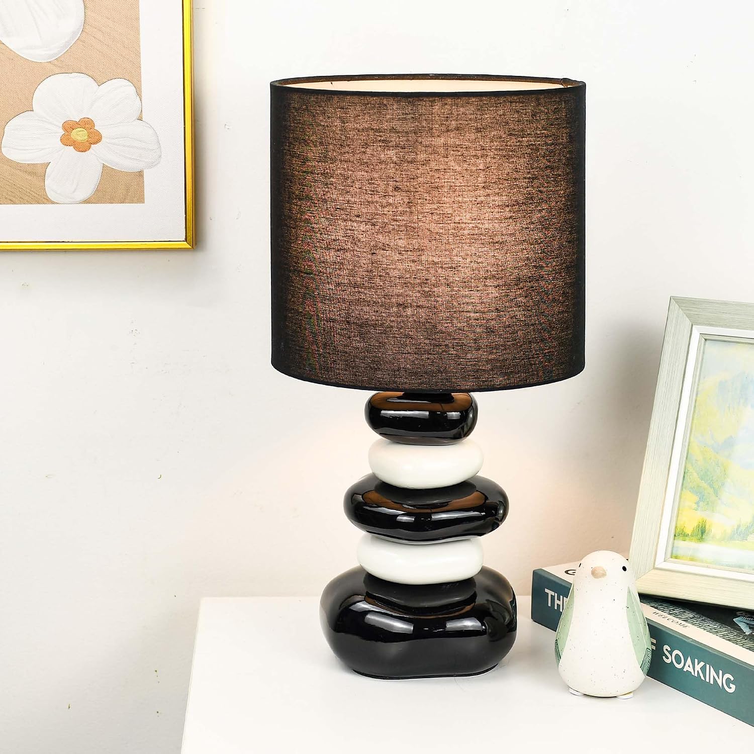 Stoney Black Ceramic Table Lamp for Living Room as Modern Kids Night Bedside Table Lamp for Bedroom, Φ7.09×H13.58IN, Bulb Excluded