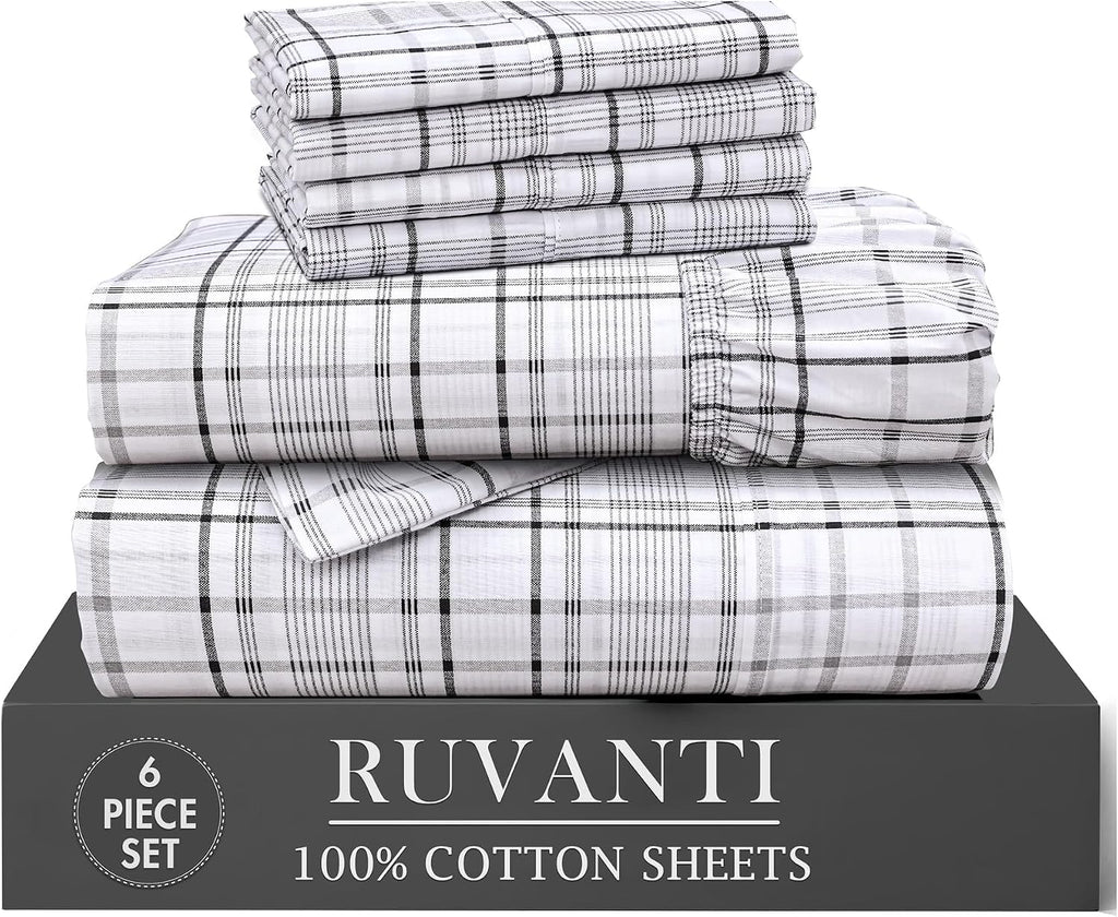 Ruvanti 100% Cotton Percale Sheets California King Size 6 Piece Set, Cooling Bed Sheets for Hot Sleepers, Deep Pocket 14”, Breathable Light…