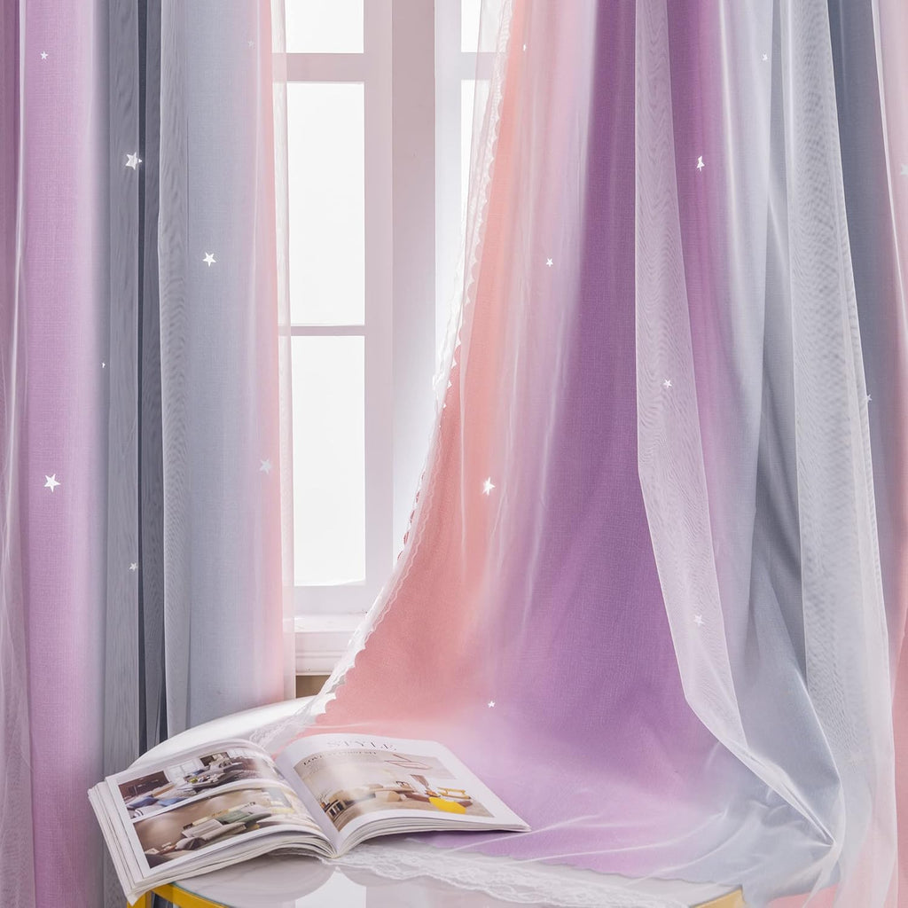 Addsomecolortolife XiDi Dream Star Blackout Curtains for Kids Rooms Girl Princess Curtain for Daughter Bedroom Window (Grey Pink Purple, W3…