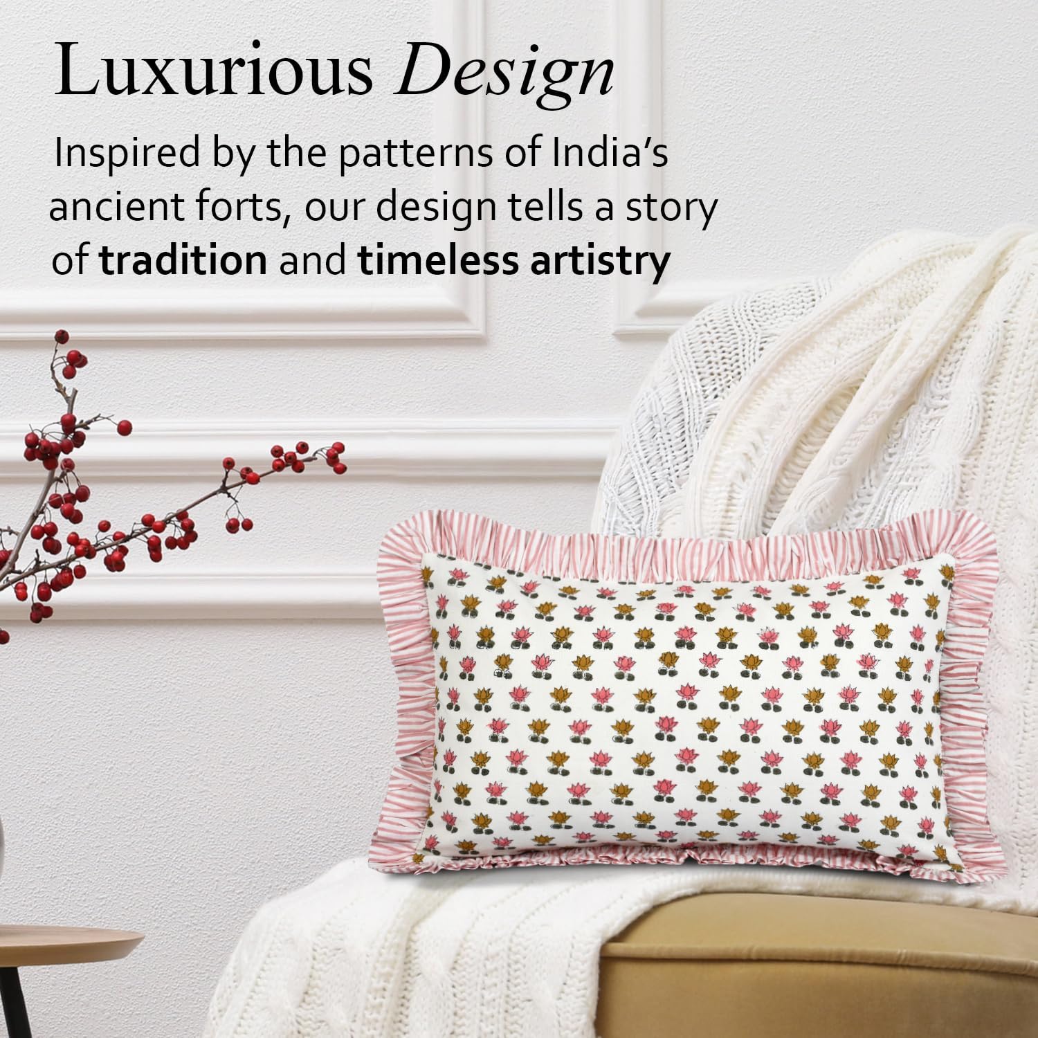 Cottonprintclub CPC Hand Block Print Rosette Bloom Ruffle Sham Pillow Cover 20" x 12" inch Hidden Zipper Decorative Pillowcase for Couch, B…