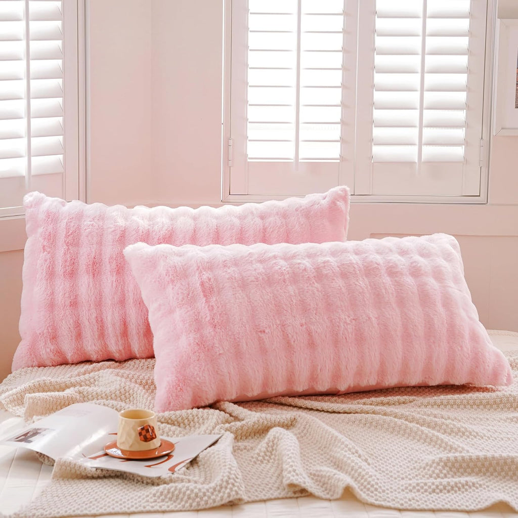 Uhamho Set of 2 Faux Fur Pillowcases, Luxury Bubble Waffle Carved Plush King Size Pillow Shams Soft and Furry, Zipper Closure (Pink, 20"x36…