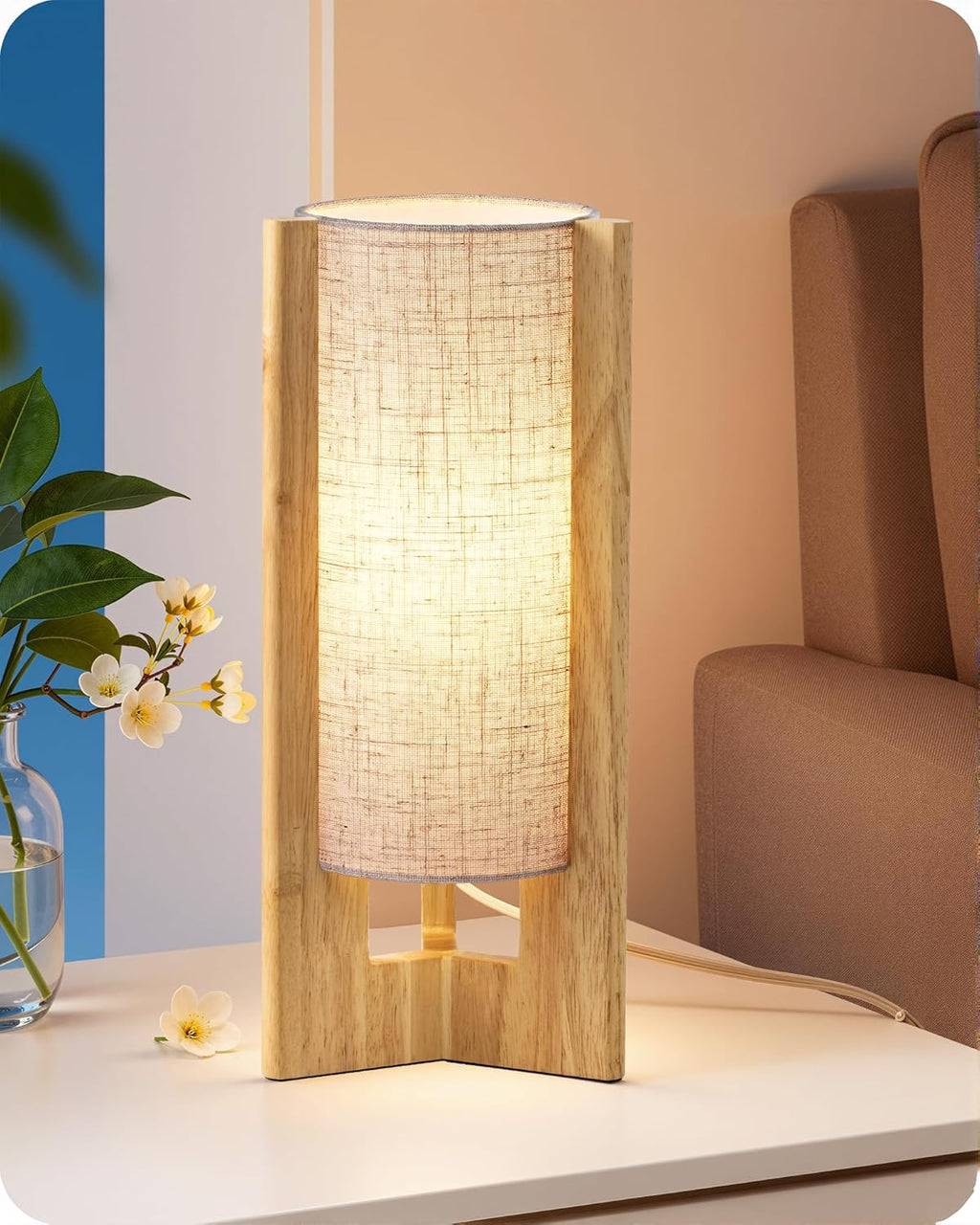 EDISHINE Small Wood Table Lamp, 13.5" Modern Bedside Lamp, Beige Linen Shade, Natural Wood Cylinder Nightstand Lamp for Bedroom Living…