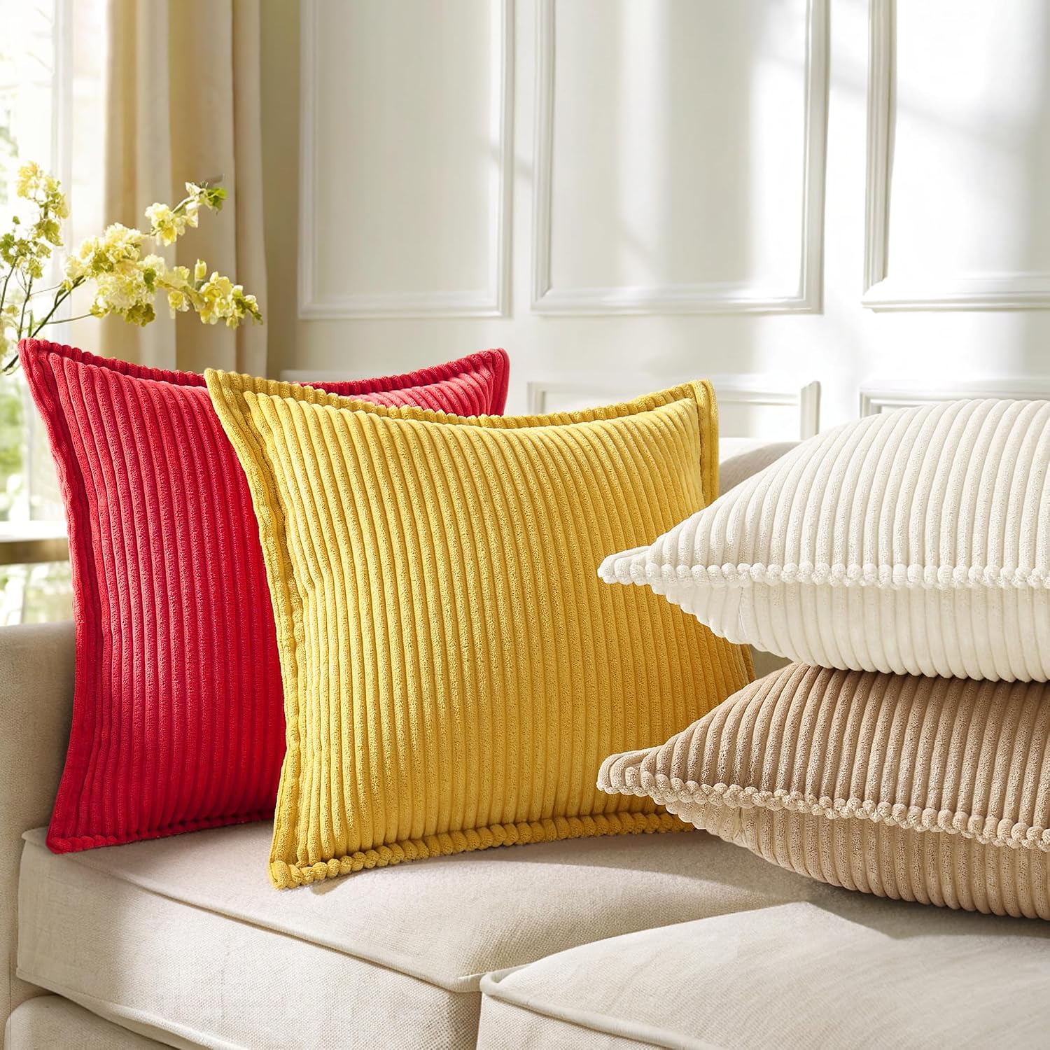 decorUhome Summer Corduroy Red Throw Pillow Covers 12x20 Set of 2 Decorative Soft Boho Farmhouse Lumbar Couch Pillow Covers for Living Room…