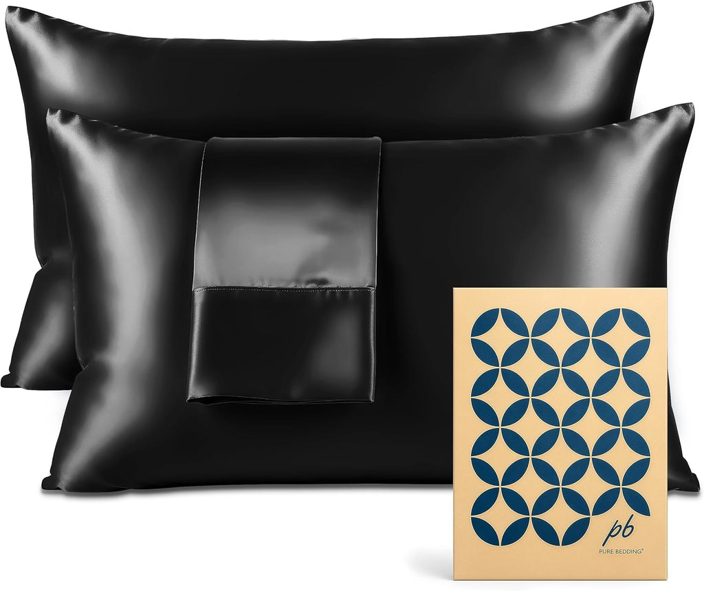 PureBedding Pure Bedding Satin Pillowcase 2 Pack - King Size (20"x40", Black) - Silky Pillow Cases for Hair and Skin - Satin Pillow Covers…