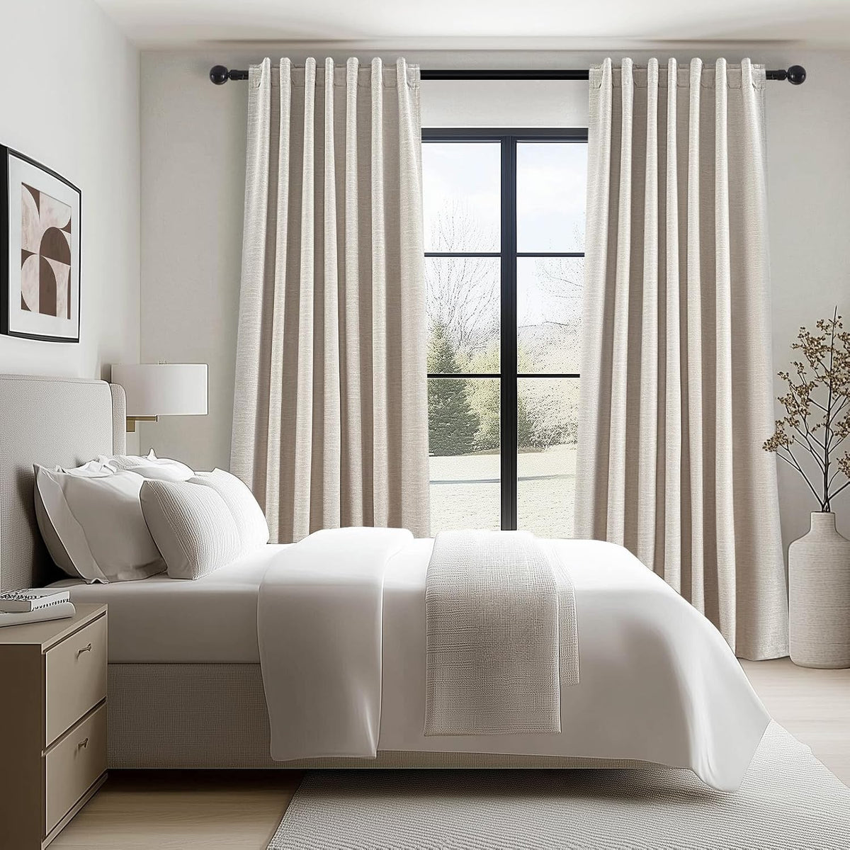 Topfinel Linen Beige Blackout Curtains 84 Inch Long 2 Panels, Linen Blend Aesthetic Heat and Cold Blocking Thermal Drop Cloth Traverse Curta…