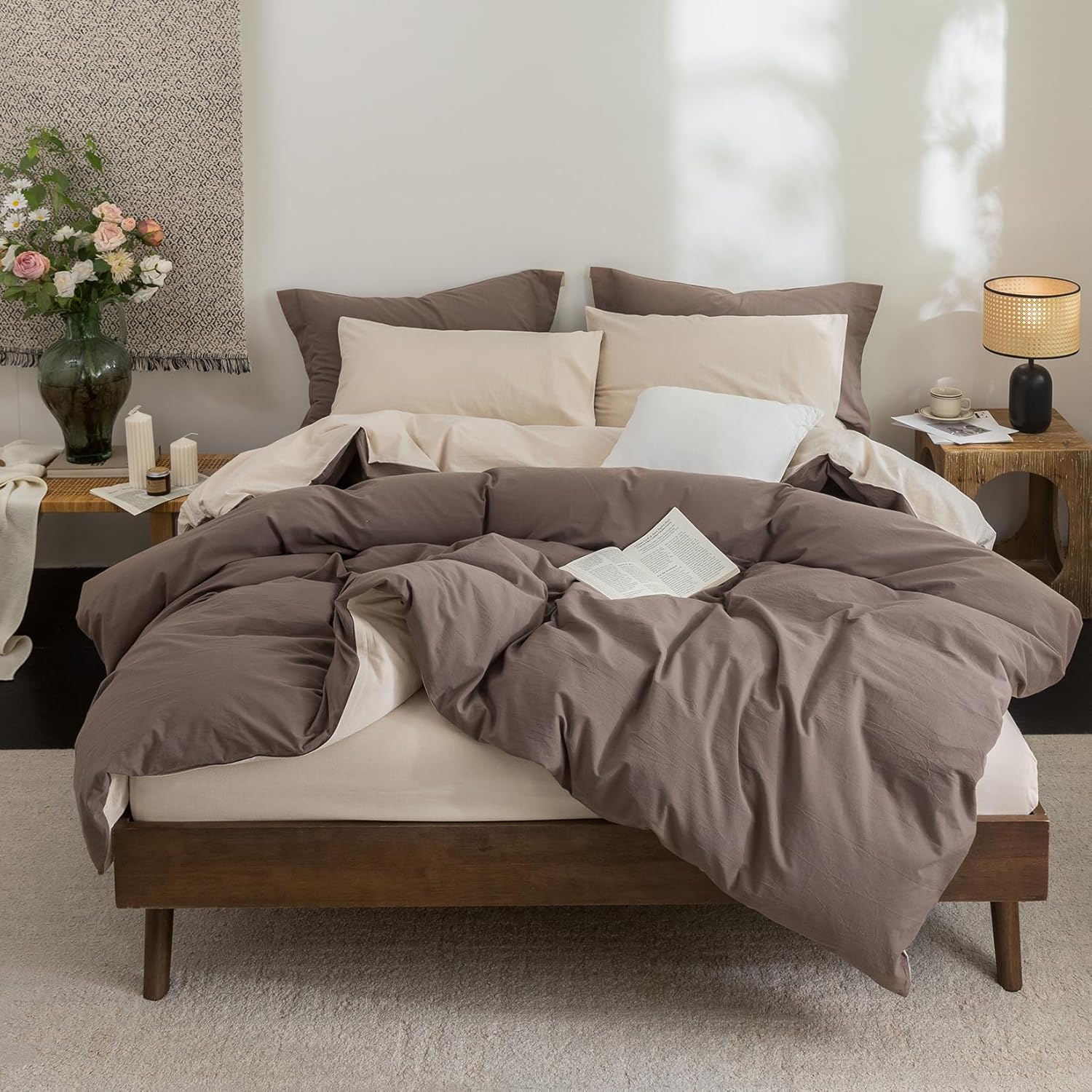 Bdear 3 Pieces Reversible Duvet Cover Set Queen Size 90''W x 90''L, 100% Washed Cotton Duvet Cover with Zipper Closure Plus 2 Pillowcases,…