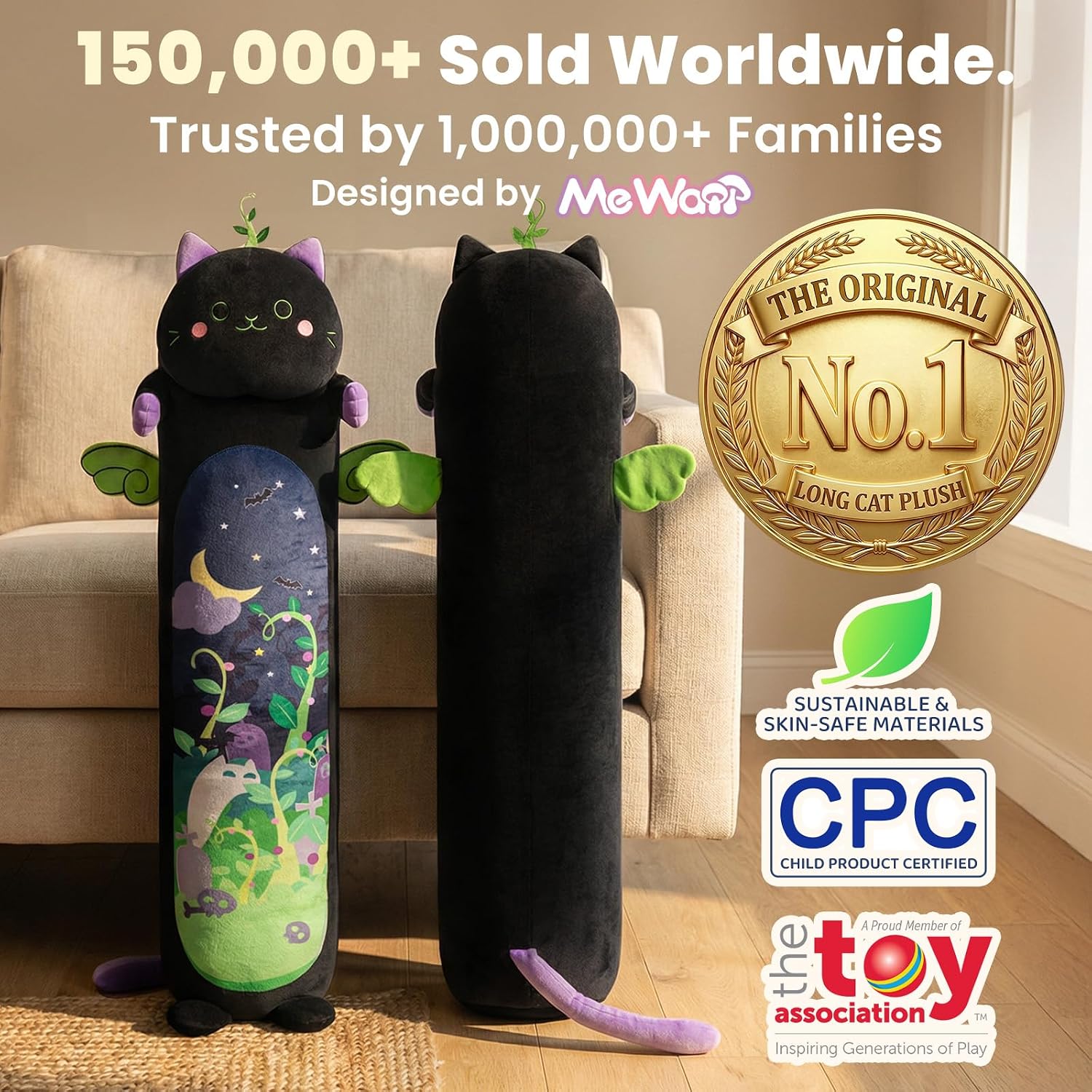 Mewaii Long Cat Plush 5 Sizes, 120% Extra Filling Giant Plushness Kids Body Pillow, Kawaii Cute Black Cat Stuffed Animals Plushies, Big…