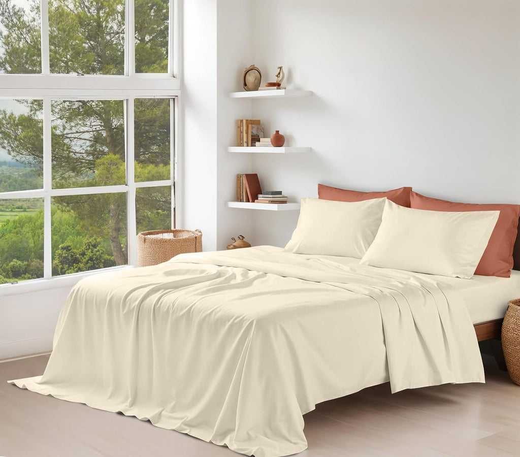 Ruvanti 100% Cotton Organic Percale Sheets Queen Size – Crisp Cooling Bed Sheets for Hot Sleepers, Deep Pocket 15”, Soft Peach Finish, Brea…
