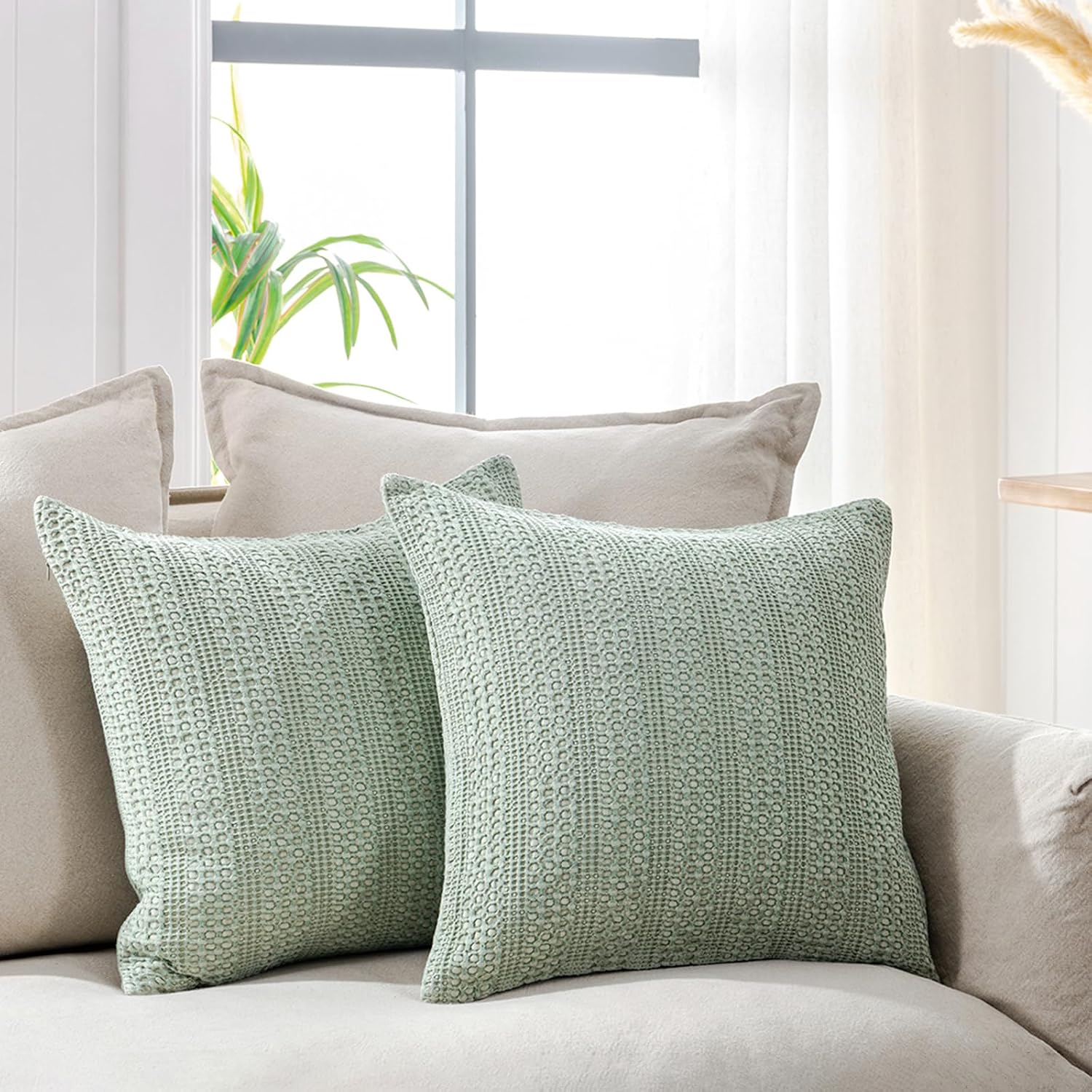 Cocoploceus Sage Green Pillow Covers 18x18 Boho Throw Pillow Covers Set of 2 Decorative Pillow Shams Stone Washed Cotton Pillowcase for Cou…