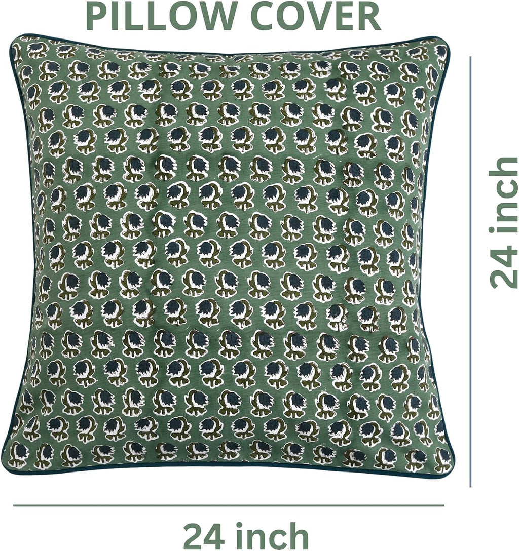 Ridhi Block Print Basil Green Pillow Cover 24" x 24" (Pack of 2) Decorative Couch Pillows for Living Room, Chic Boho Cute Outdoor Pillows C…