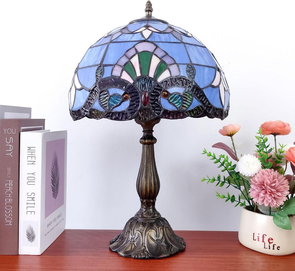 Tiffany Table Lamp 12X12X19 Inch Stained Glass Lamp Blue Baroque Style Antique Bedside Desk Nightstand Light for Bedroom Living Room Home…
