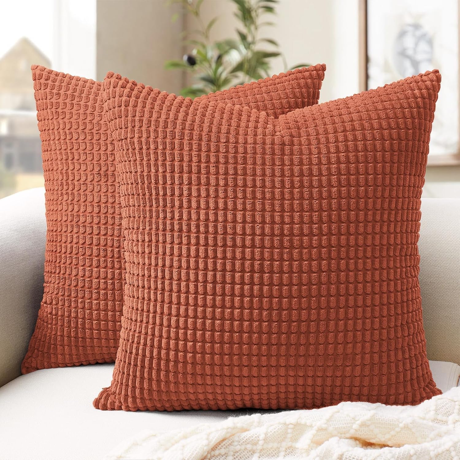 Softalker Fall Decorative Throw Pillow Covers 16 x 16 Inch, Set of 2, Thanksgiving Autumn Harvest Super Soft Corduroy Boho Striped…