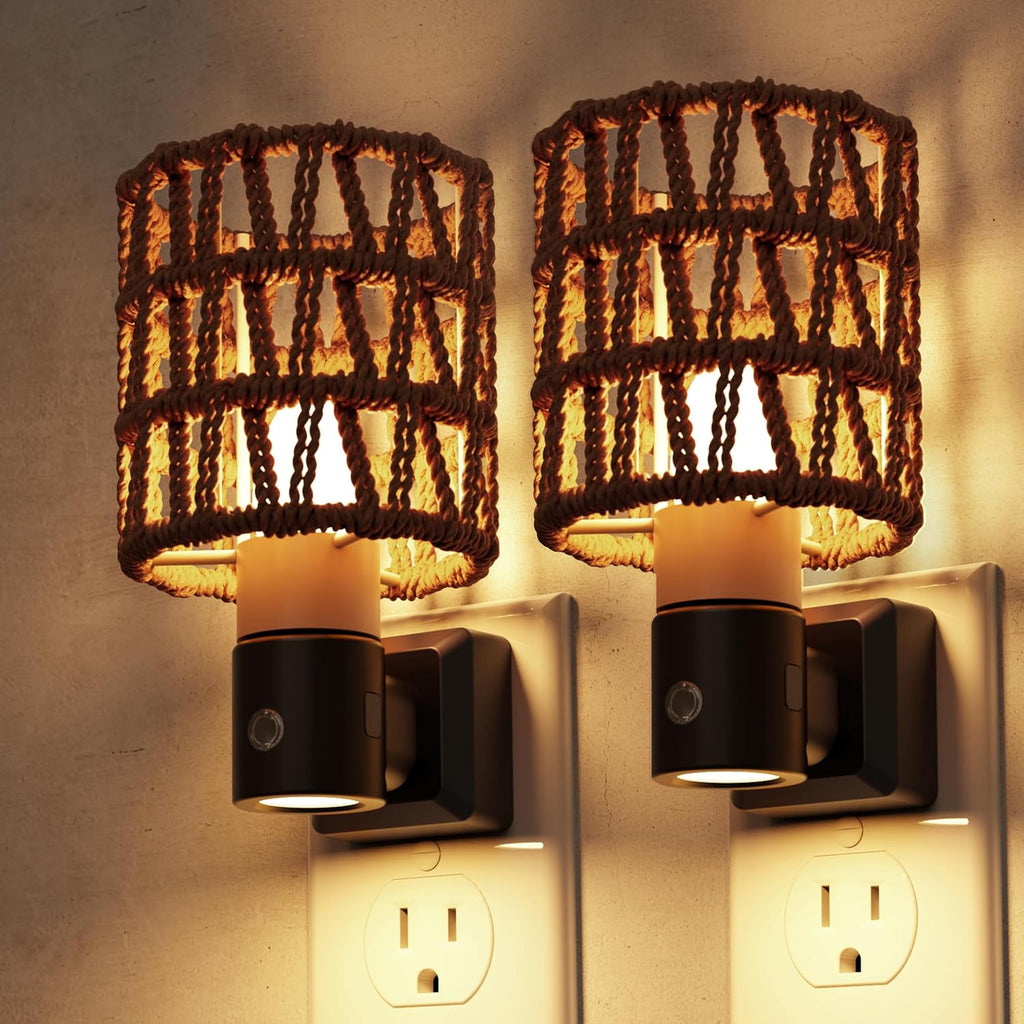 L LOHAS LED Night Lights Plug into Wall, 2 Pack Cylindrical Ironwork Boho Lampshade Decor Night Light, 350° Rotatable Dusk to Dawn Sensor…