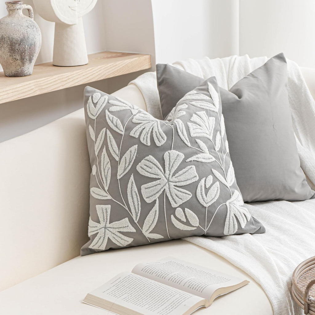 BlissBlush Gray Floral Pillow Cover 20x20 Inch, Velvet Square Throw Pillow Cover Soft Decorative Farmhouse Accent Couch Pillow Cover for…