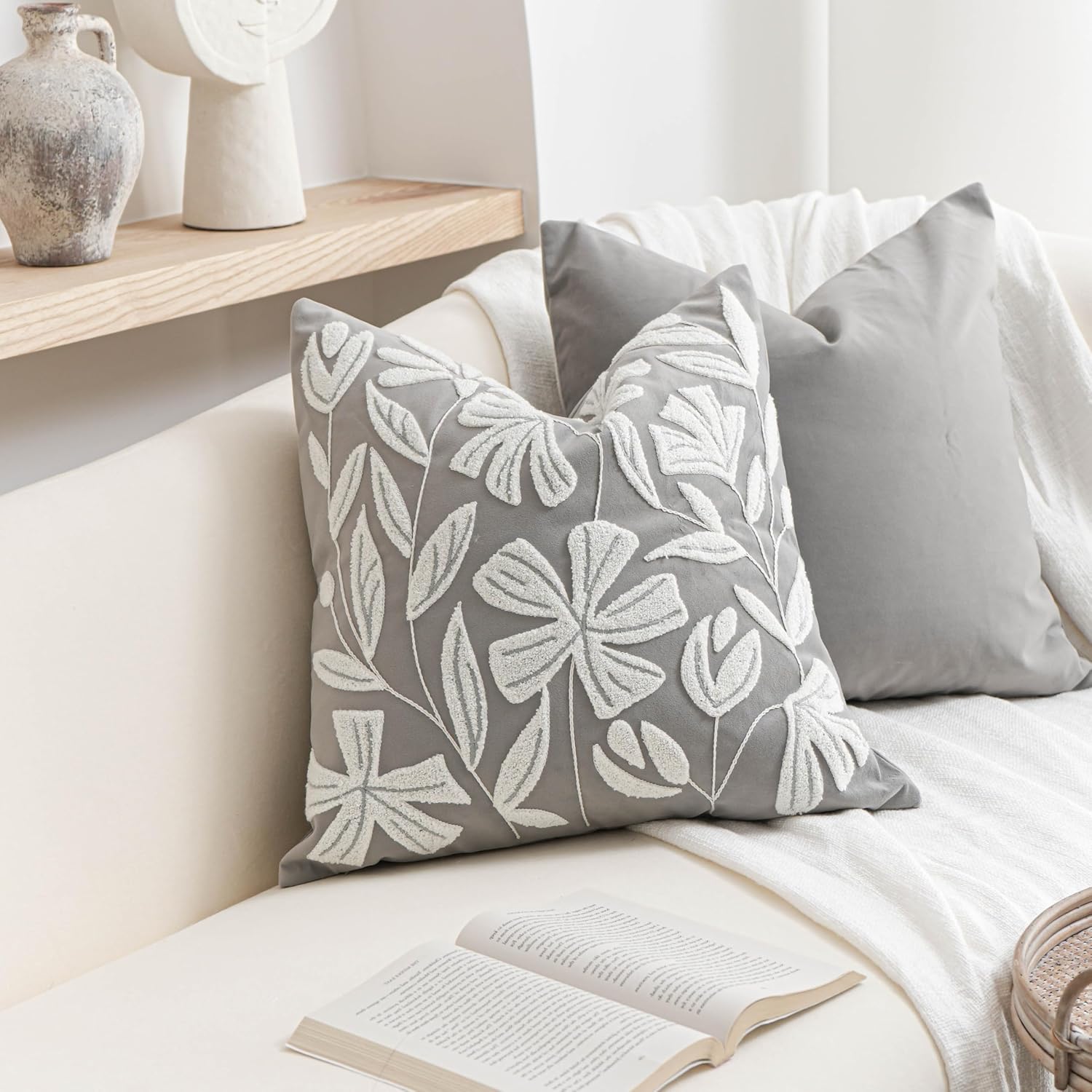 BlissBlush Gray Floral Pillow Cover 20x20 Inch, Velvet Square Throw Pillow Cover Soft Decorative Farmhouse Accent Couch Pillow Cover for…