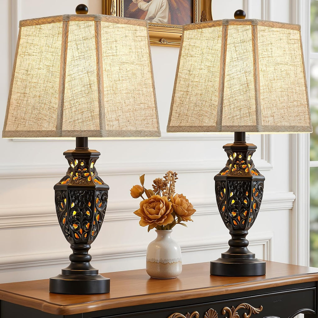 EJIAXIN Lamps for Night Stands Set of 2-23.5" Vintage Bedside Lamp with USB A+C and Nightlight - Black Retro Carved Resin Farmhouse Table…