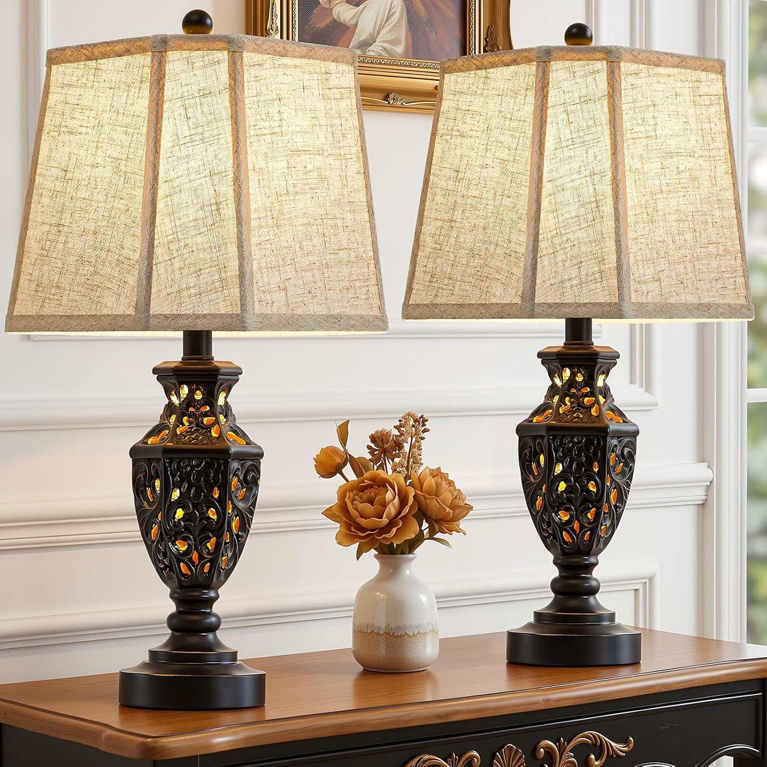 EJIAXIN Lamps for Night Stands Set of 2-23.5" Vintage Bedside Lamp with USB A+C and Nightlight - Black Retro Carved Resin Farmhouse Table…