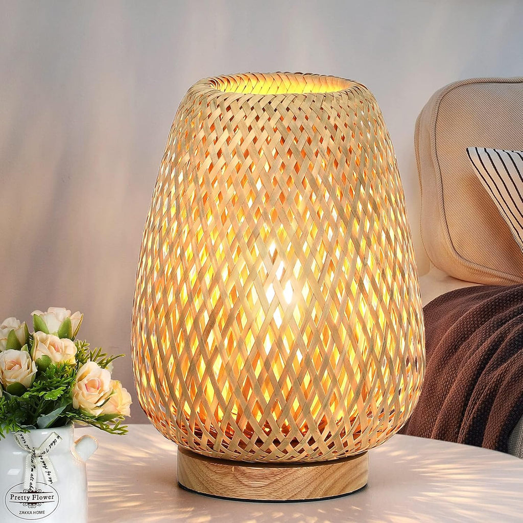 Brightever Rattan Table Lamp, Stepless Dimmable Small Beside Lamp, Vintage Wicker Wooden Nightstand Boho Bamboo Woven End Table Lamps for B…