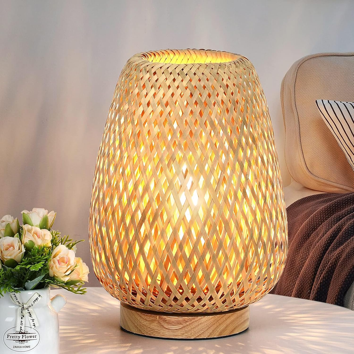 Brightever Rattan Table Lamp, Stepless Dimmable Small Beside Lamp, Vintage Wicker Wooden Nightstand Boho Bamboo Woven End Table Lamps for B…