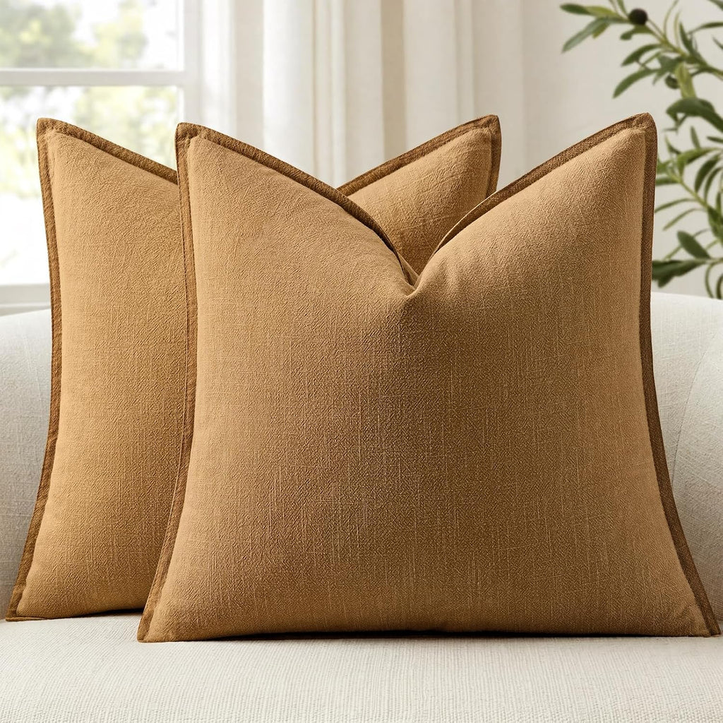 Anroduo Pack of 2 Decorative Linen Pillow Covers Camel Brown Neutral Farmhouse Boho Soild Cushion Case Soft Accent Pillowcase for Couch Sof…