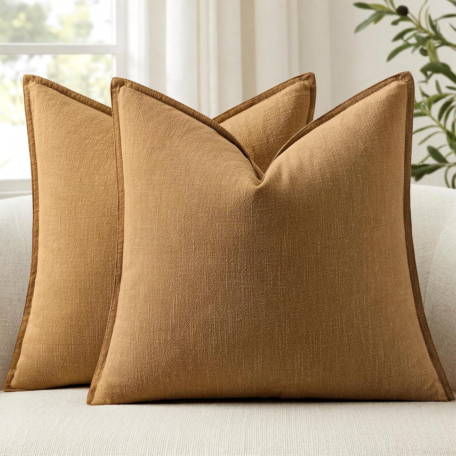Anroduo Pack of 2 Decorative Linen Pillow Covers Camel Brown Neutral Farmhouse Boho Soild Cushion Case Soft Accent Pillowcase for Couch Sof…