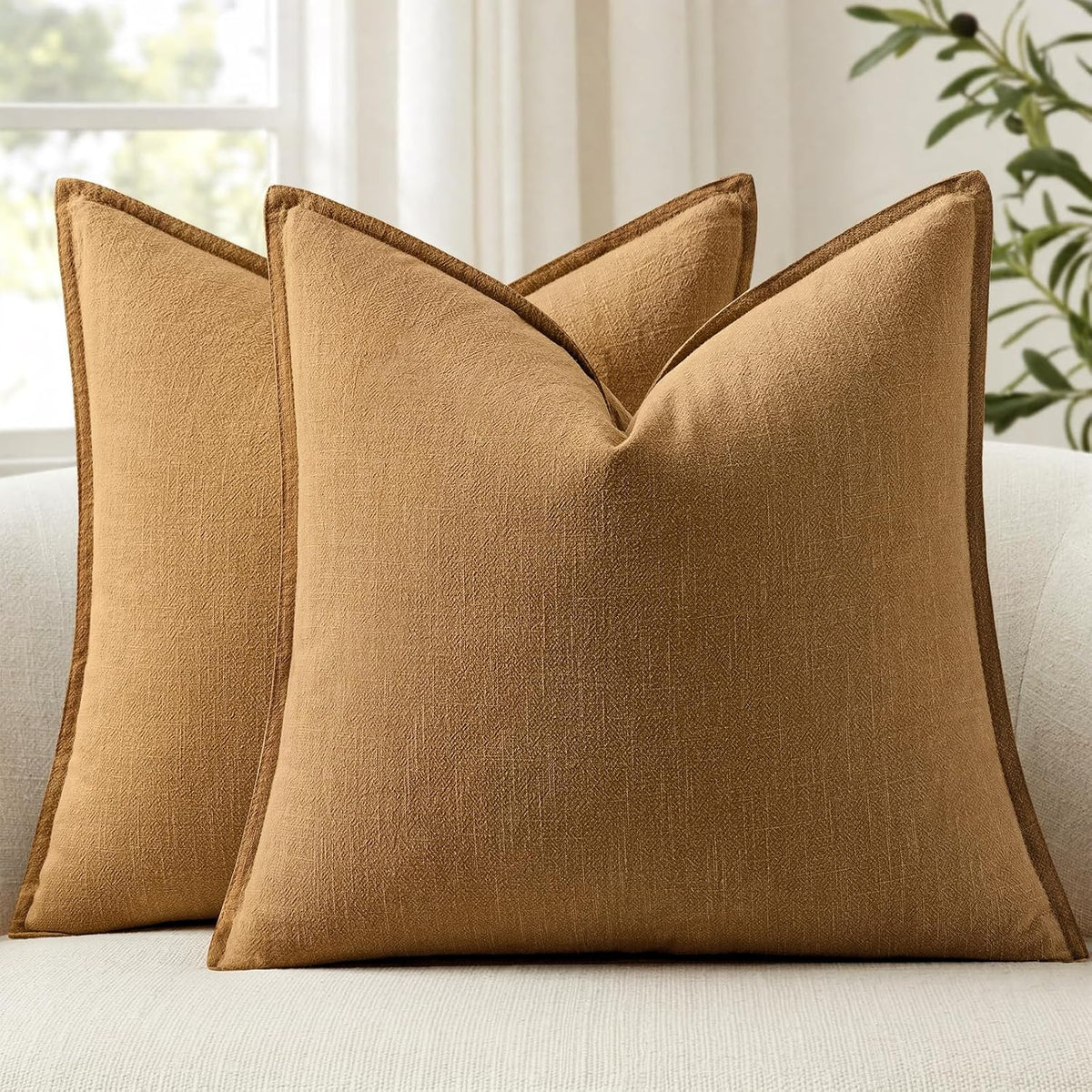 Anroduo Pack of 2 Decorative Linen Pillow Covers Camel Brown Neutral Farmhouse Boho Soild Cushion Case Soft Accent Pillowcase for Couch Sof…