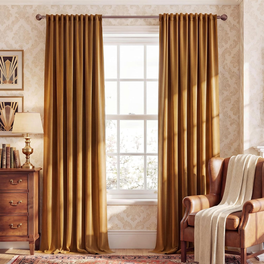 Nicetown Gold Brown Velvet 102 inch Curtains 2 Panels, Rod Pocket & Back Tab Room Darkneing Window Treatments Blackout Thermal Curtains for…