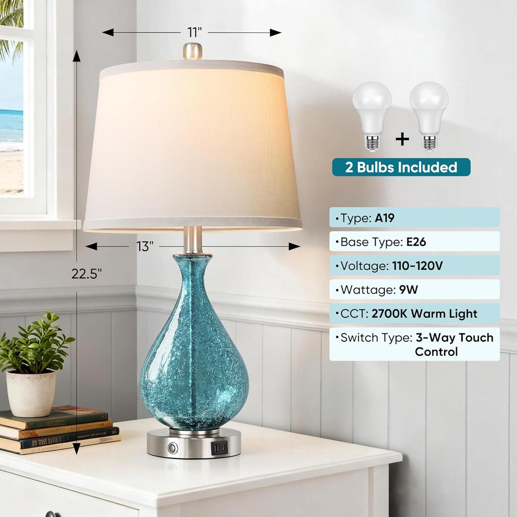 QiMH Glass Table Lamp for Living Room Bedroom Set of 2, 22.5" LED Light with Touch Control, Blue 3 Way Dimmable Modern Bedside Lamps for…