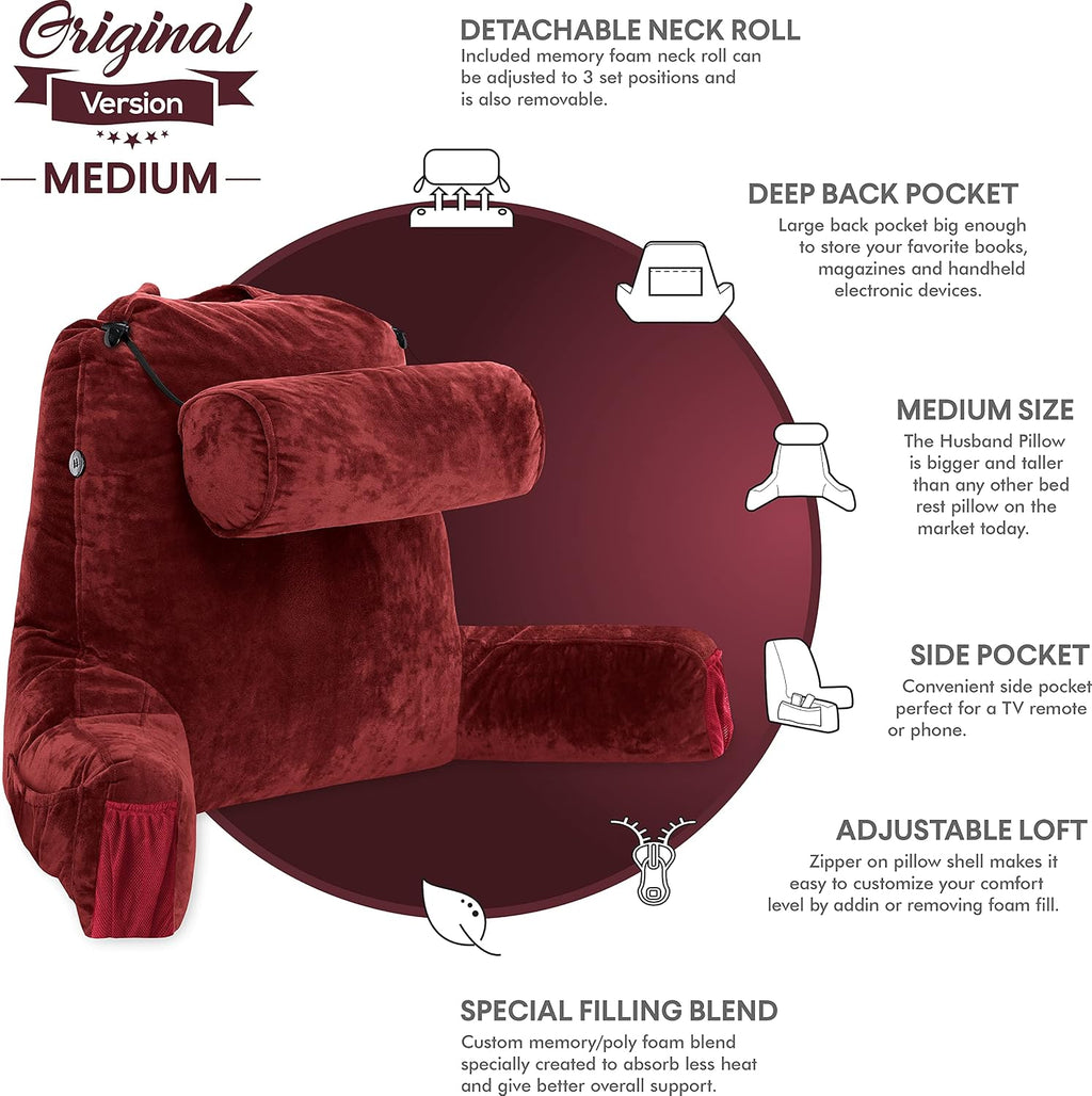 HusbandPillow Husband Pillow Medium Reading Pillow with Arms - 23" Backrest for Sitting Up in Bed - Firm Support Bed Rest Pillow for Adults…