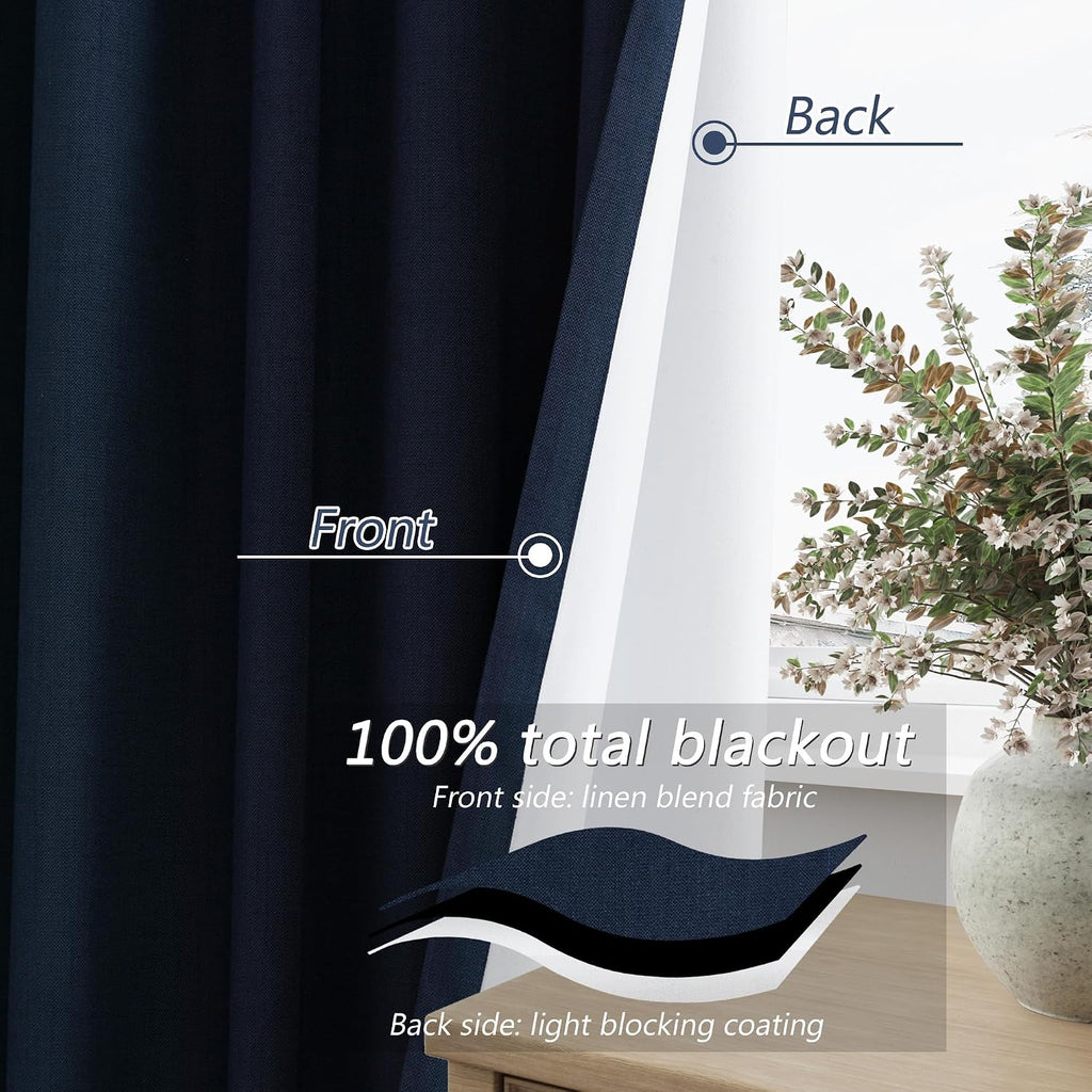 Guken Navy Blue 100% Blackout Curtains 84 Inch Length 2 Panels Set for Living Room Bedroom Back Tab Thermal Insulated Black Out Linen Drape…