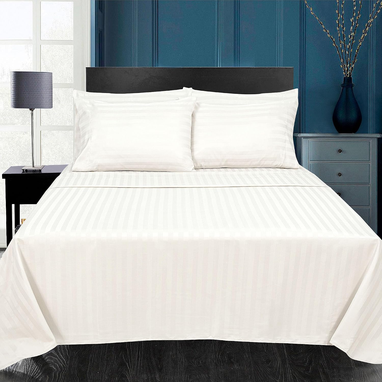 Royalelinens ROYALE LINENS 1500 Thread Count Poly Cotton Sateen Dobby Stripe Sheet Set - 6 Piece Queen Bed Sheets - 1 Fitted, 1 Flat, 4 Pil…