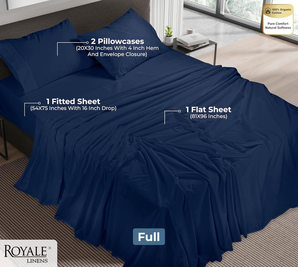 Royalelinens ROYALE LINENS 100% Organic Cotton Full Sheet Set - Percale Weave - 4 Pieces Set - 1 Flat, 1 Deep Pocket Fitted Sheet and 2 Pil…