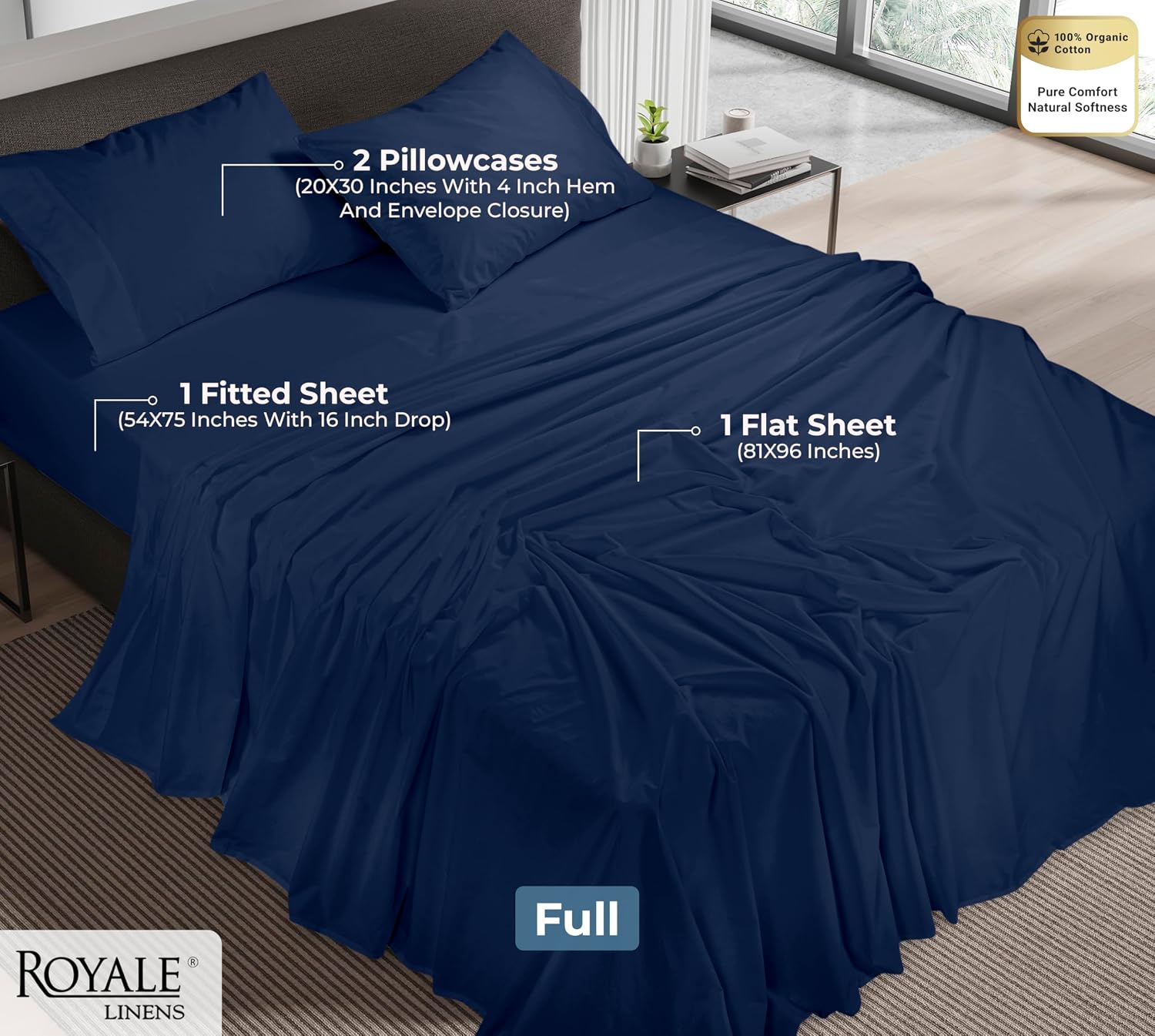 Royalelinens ROYALE LINENS 100% Organic Cotton Full Sheet Set - Percale Weave - 4 Pieces Set - 1 Flat, 1 Deep Pocket Fitted Sheet and 2 Pil…
