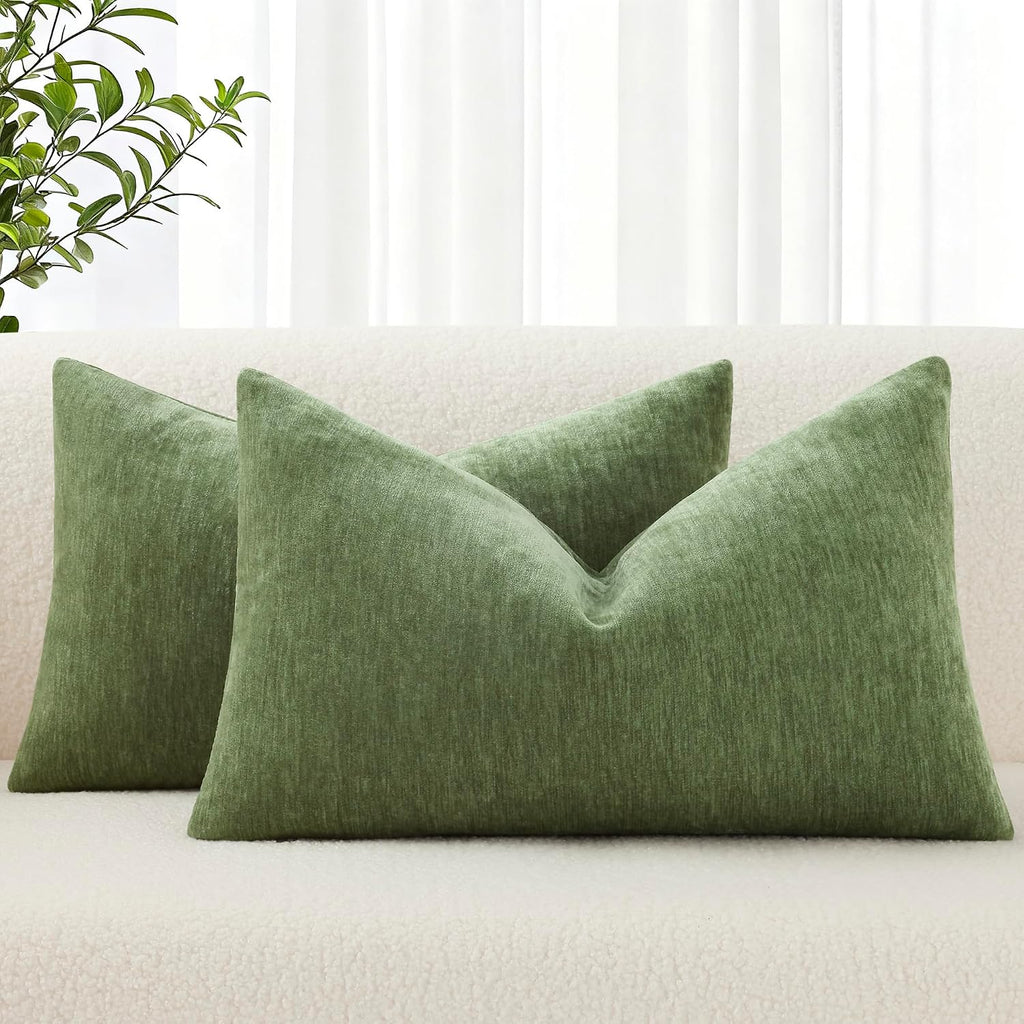 decorUhome Chenille Olive Green Throw Pillow Covers 12x20 Inch Set of 2, Decorative Soft Couch Pillow Covers Solid Dyed Accent Farmhouse Ne…