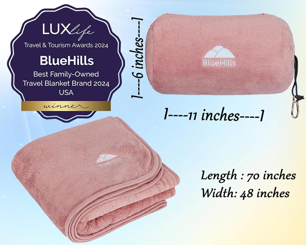 BlueHills Travel Blanket Pillow Rolled Premium Soft Plush Airplane Throw Traveling Gifts Compact in a Bag 70 X 48 inches Long Plane…