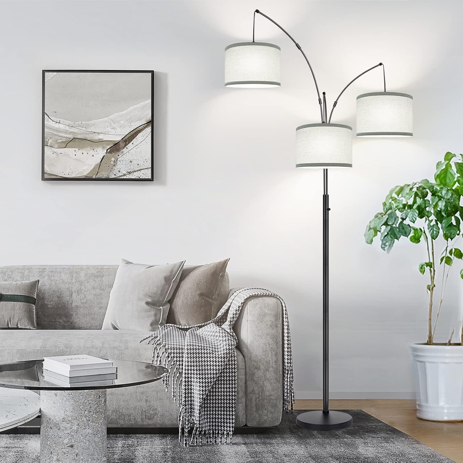 Dimmable Floor Lamp - 3 Lights Arc Floor Lamps for Living Room, 1000LM Modern Tall Standing Lamp With Gray Shades & Heavy Base, Mid…