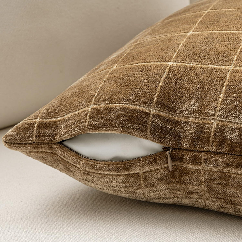 Miulee Decorative Chenille Check Throw Pillow Covers Vintage Plaid Couch Pillows 22x22 Inch Set of 2 Neutral Boho Farmhouse Cushion Covers…