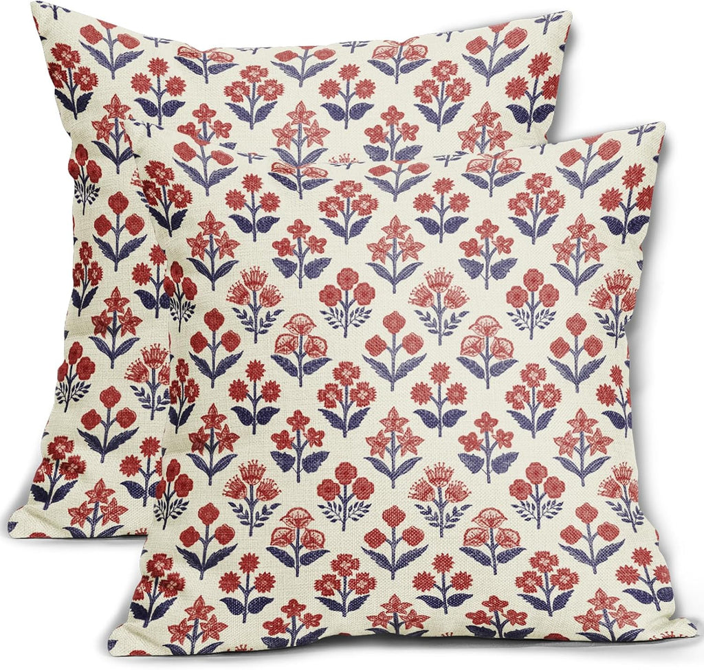 4th of July Patriotic Floral Block Print Pillow Covers 22x22 Inch Set of 2, Navy Blue Red Vintage Flower Decorative Throw Pillowcases…