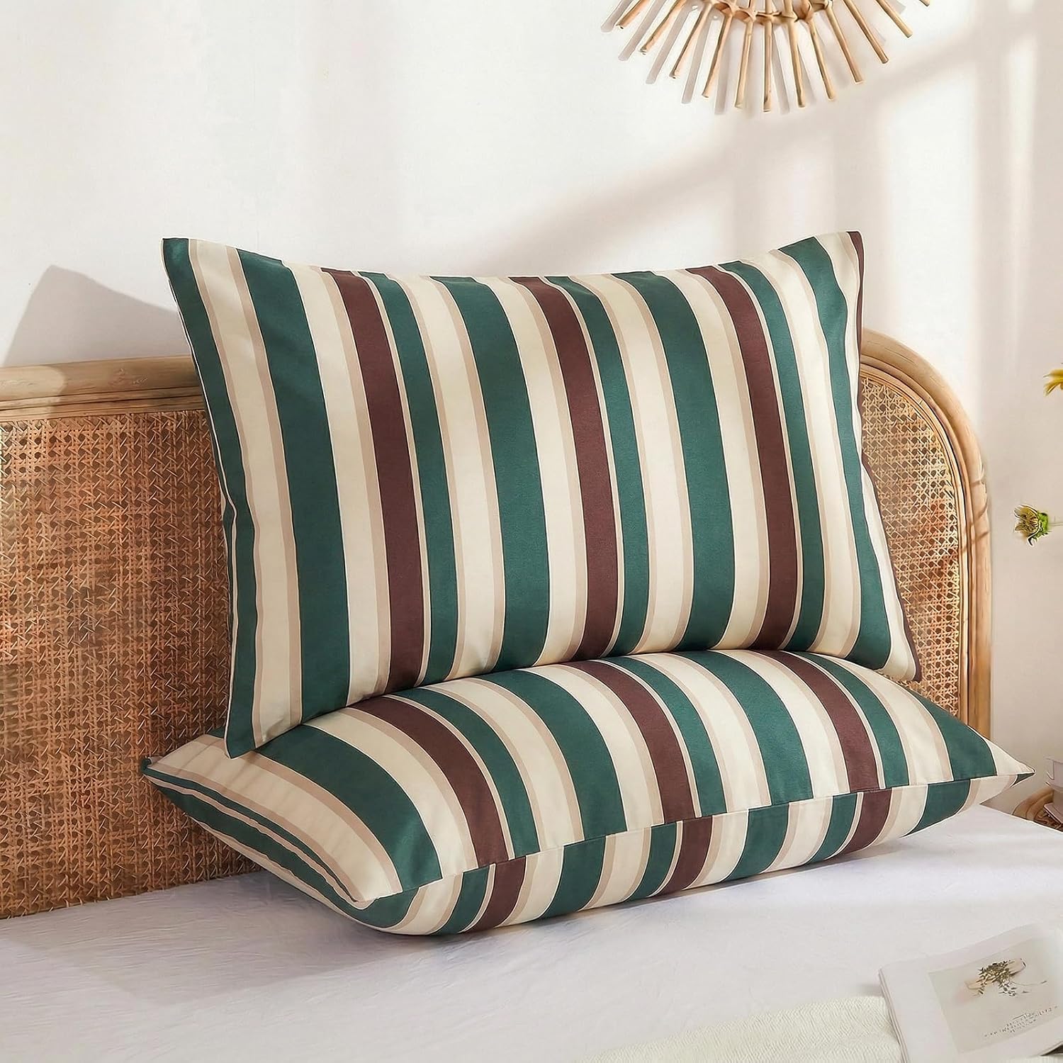 Merryword 100% Cotton Pillow Cases, Queen Size Pillowcases, Green Striped Pillowcases, Luxury Linen Like Pillowcase, Soft Breathable Cabana…