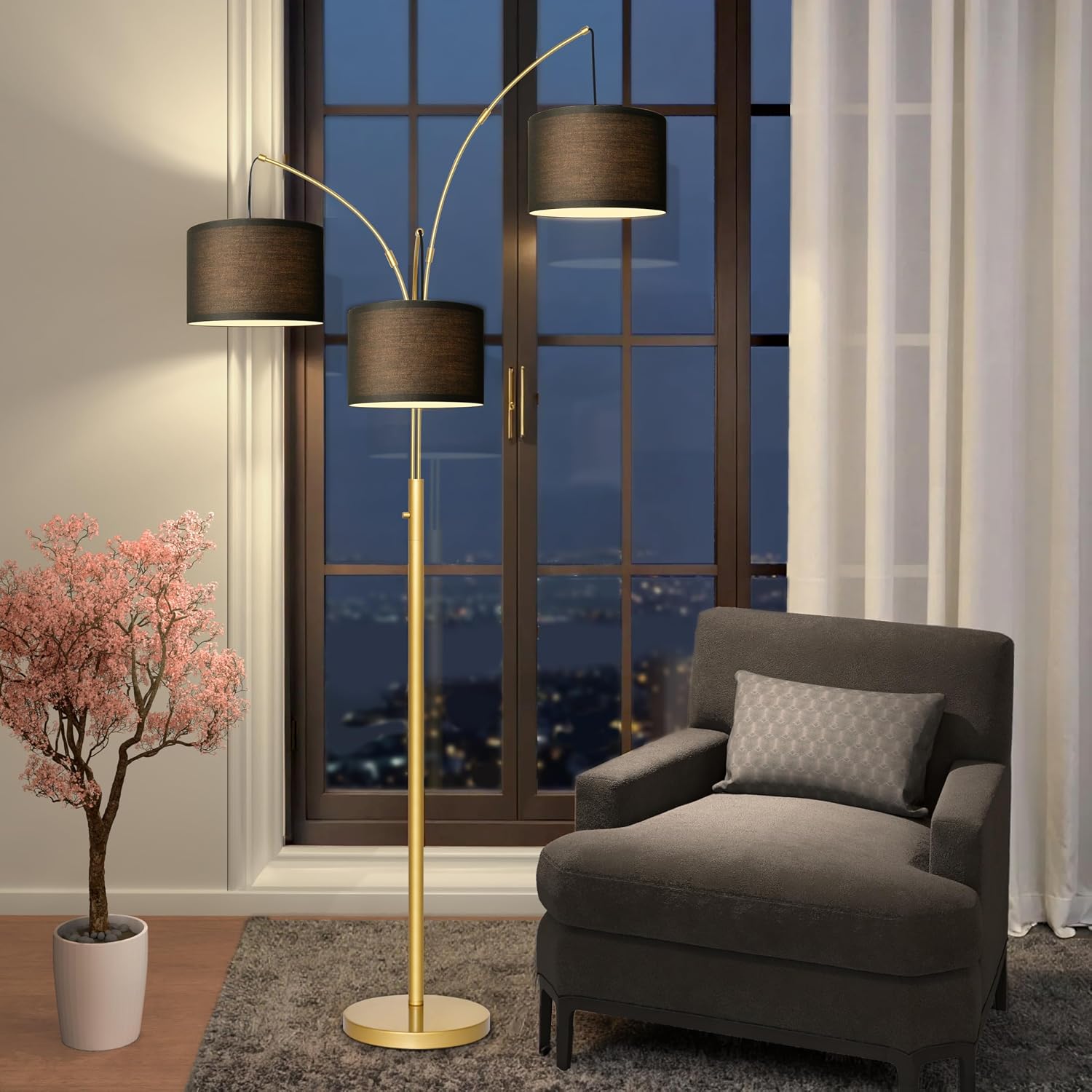 Nintiue Dimmable Floor Lamp - 3 Lights Gold Floor Lamps for Living Room with Black Shades & Heavy Base, Mid Century Tree Floor Lamp for…