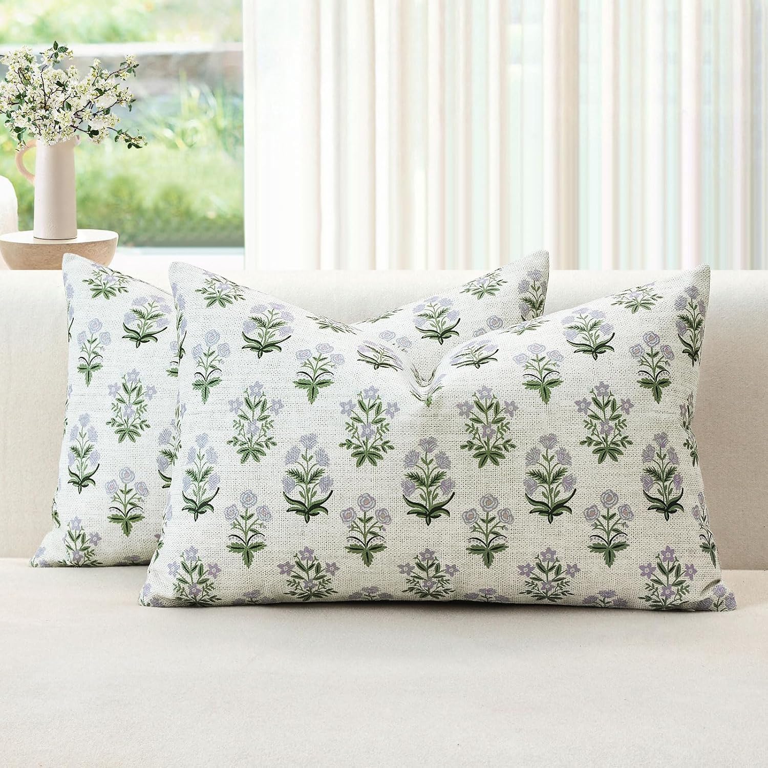 OTOSTAR Floral Print Pillow Covers 16x24 Inch Pack of 2 Double-Sided Blue Green Flower Lumbar Throw Pillow Covers Farmhouse Rustic…