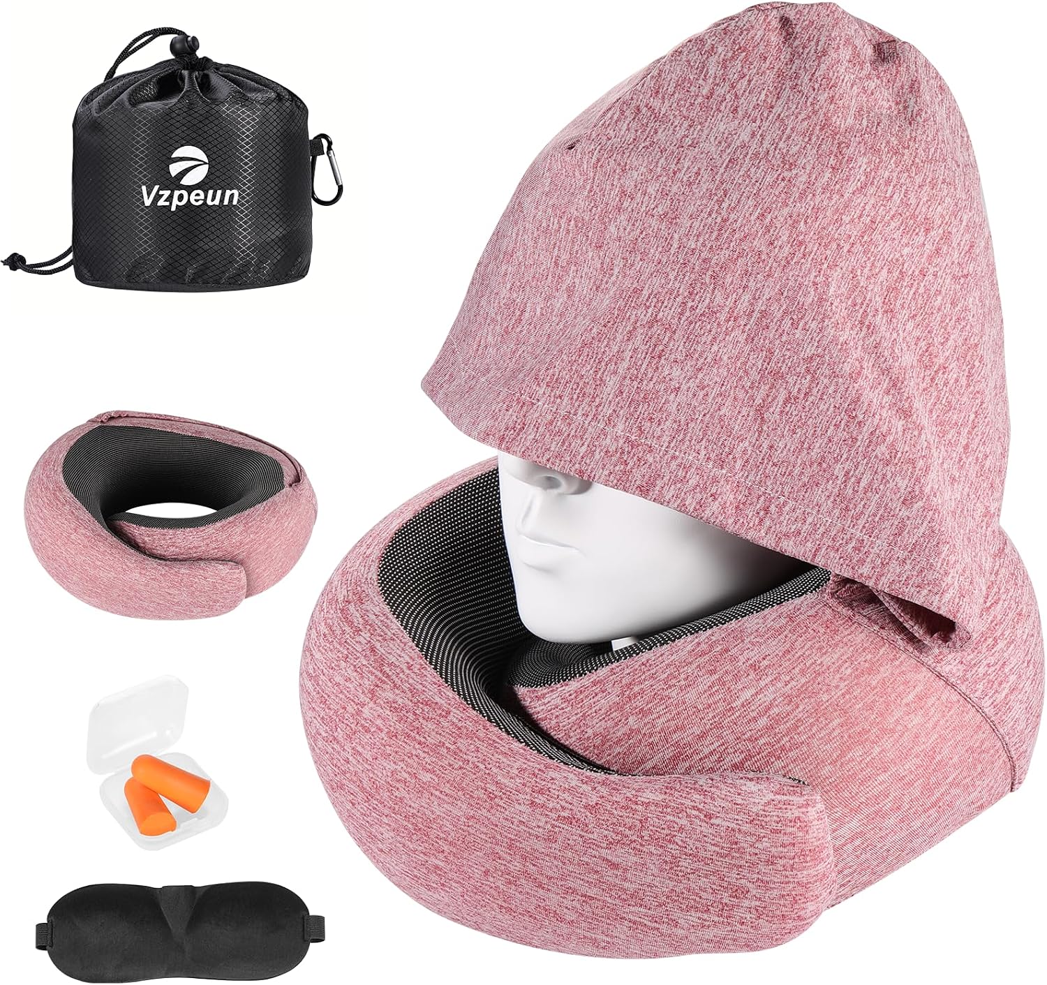 Vzpeun Travel Pillow - Hooded Neck Pillow Airplane Memory Foam Filling for Plane, Cars Sleeping, Road Trip, Long Flights, Portable Plane Ac…