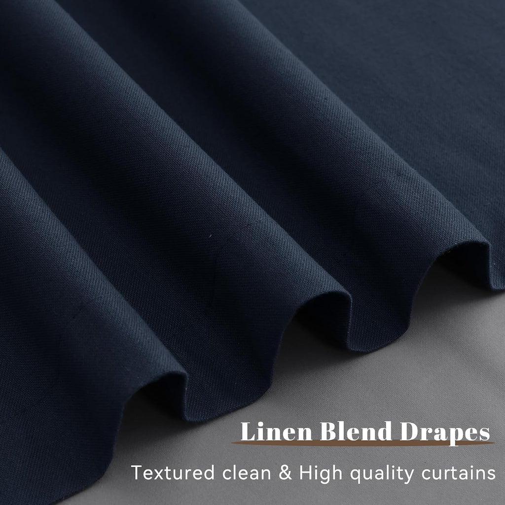 Guken Navy Blue 100% Blackout Linen Curtains for Bedroom 90 Inches Long 2 Panels Set Elegant Textured Back Tab Hook Belt Room Darkening The…