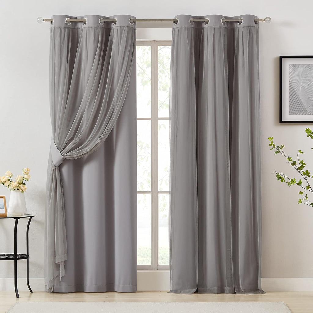 Bujasso Grey 90% Blackout Curtains with Sheer Overlay Mix and Match Double Layer Window Curtains Thermal Insulated 84 inch for Living Room…