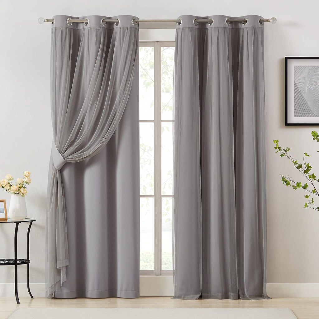 Bujasso Grey 90% Blackout Curtains with Sheer Overlay Mix and Match Double Layer Window Curtains Thermal Insulated 72 inch for Living Room…