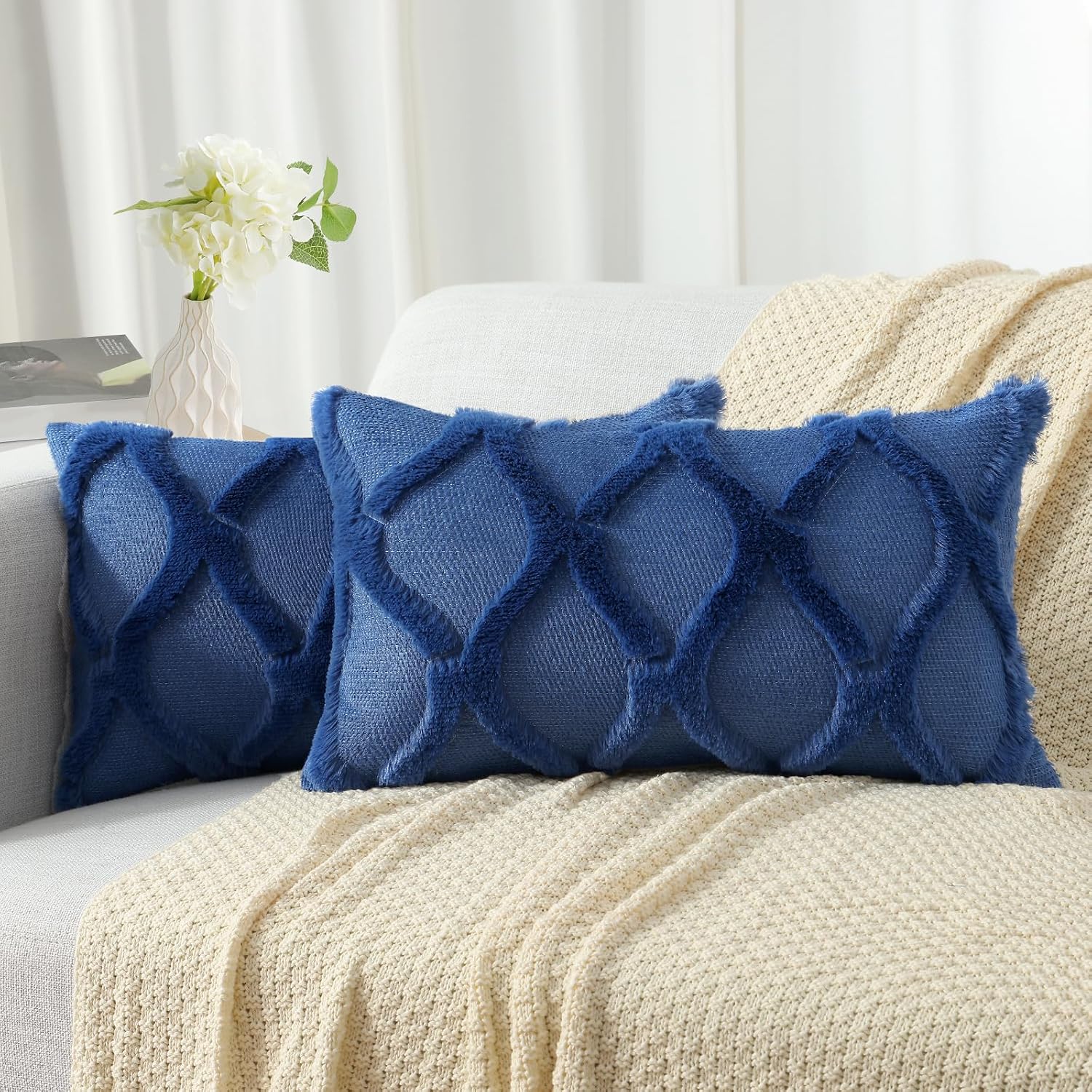 decorUhome Summer Throw Pillow Covers 12x20 Inch Set of 2, Soft Plush Faux Fur Wool Lumbar Dark Blue Accent Couch Pillow Covers for Modern…