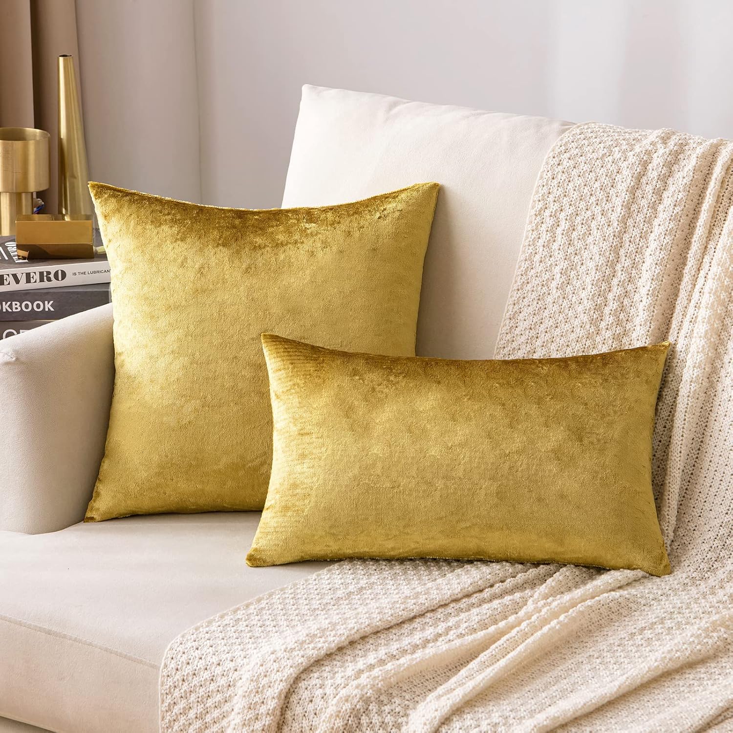 Miulee Velvet Throw Pillow Covers 20x20 Inch, Pack of 2 - Golden, Super Soft Decorative Square Cushion Cases Modern Luxury Home Decor for S…