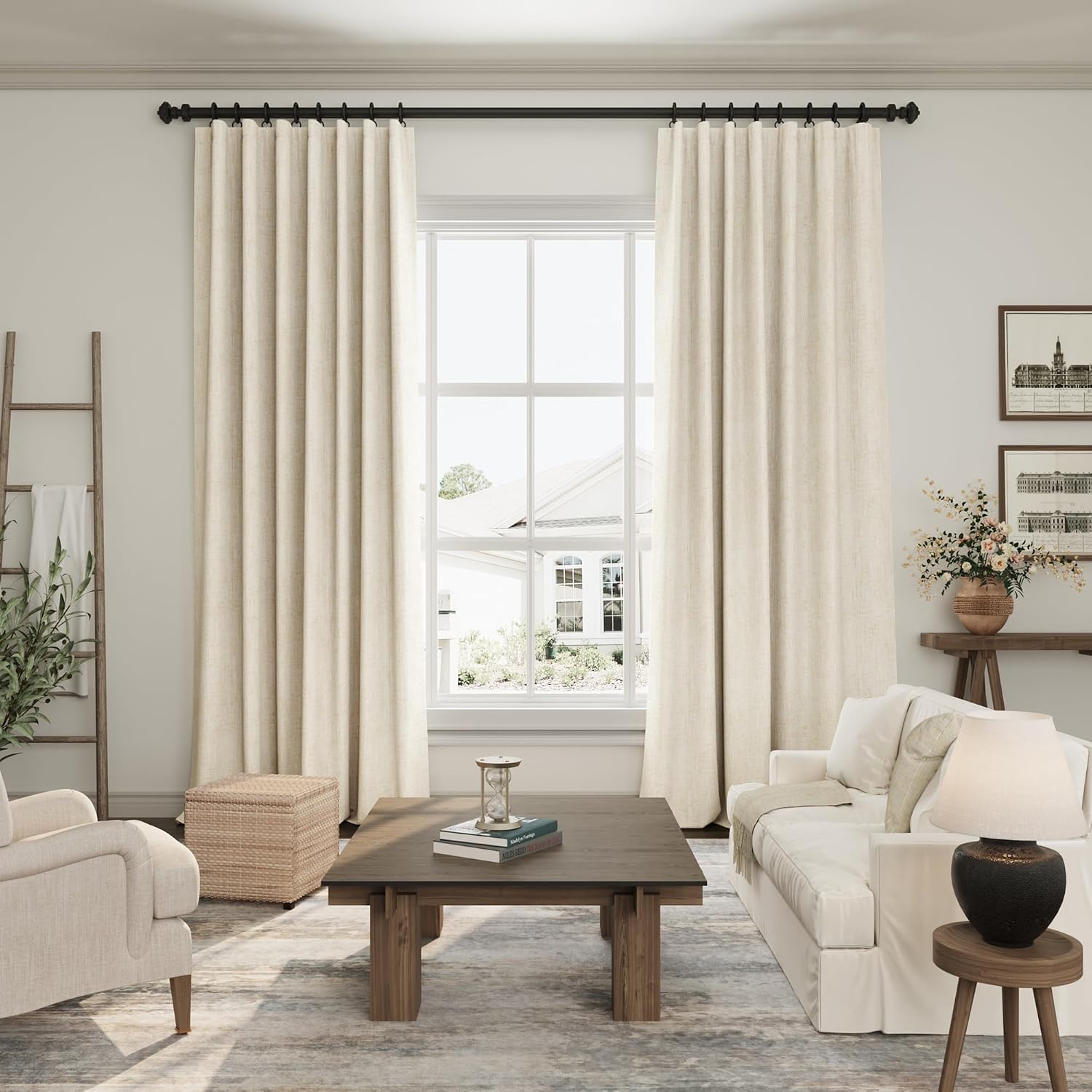 Nanspring Beige 100% Blackout Linen Curtains 84 Inch Length 2 Panels Set for Bedroom Back Tab Rustic Country Farmhouse Decor Black Out Curt…