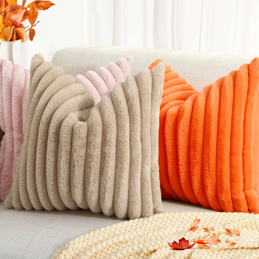 decorUhome Summer Cozy Faux Fur Throw Pillow Covers 20x20 Set of 2 Decorative Soft Plush Striped Modern Farmhouse Boho Couch Pillow Cases w…