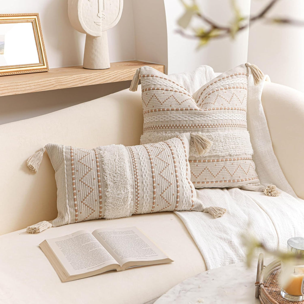 BlissBlush 12x20 Lumbar Pillow Cover, Cream Neutral Beige Rectangular Decorative Cushion Cover, Boho Accent Pillowcase with Tufted…